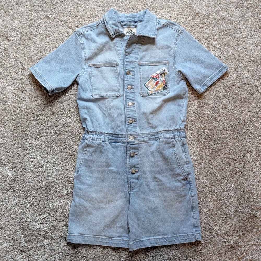 Jordache Denim Romper Women XS Light Blue Wash Short Sleeve Button Front Utility